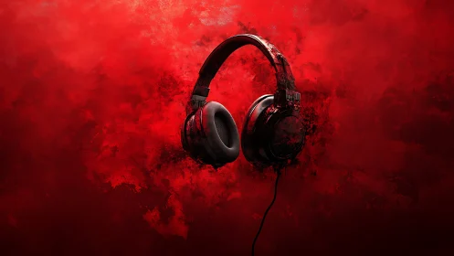 Headphones drift through a crimson storm of digital sound