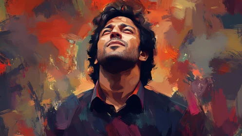 Portrait of man in rapt gaze amid abstract warm strokes.