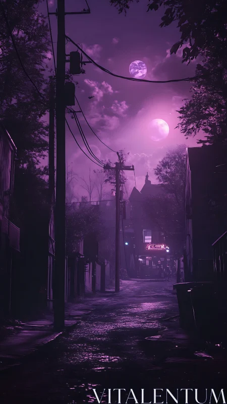 Dual moons cast neon violet glow over rainy alleyway.