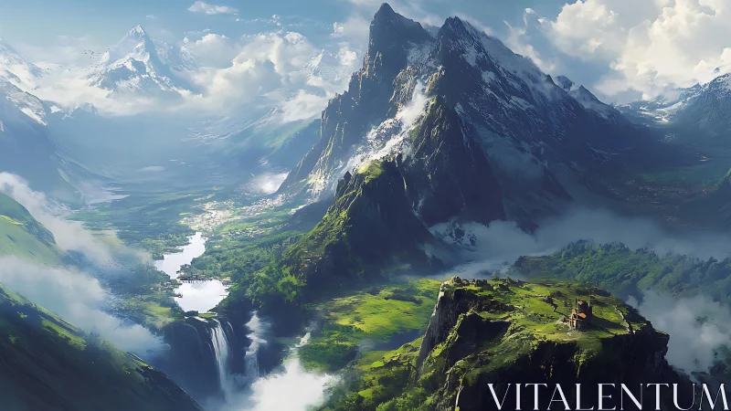 Cloud-draped peaks cradle a sunlit valley of falling rivers