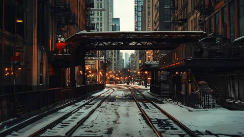 Snow covered urban rail tracks between high rise buildings.