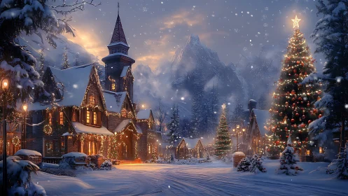 Snow covered village street displays illuminated Christmas lights