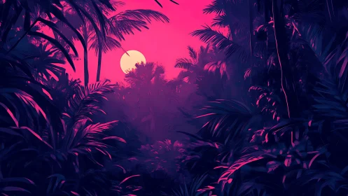 Tropical Moonrise in Vibrant Magenta Landscape.