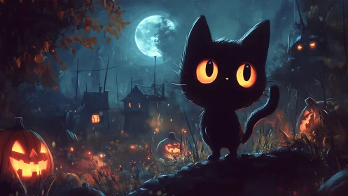 Black Cat with Luminous Eyes in Moonlit Gothic Village Setting