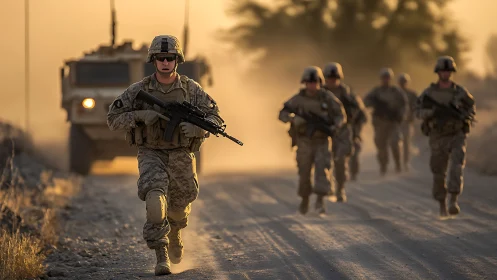 Infantry squad on dusty unpaved road with MRAP at sunset