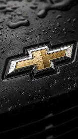 Rain kissed gold car emblem on sleek midnight grille.