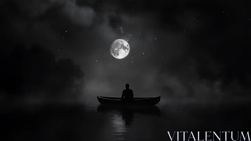 Silhouette person in small boat faces bright full moon