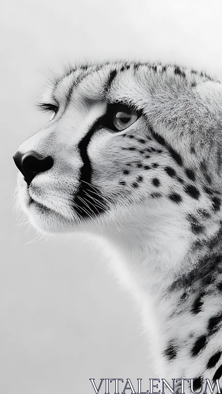 Monochrome cheetah portrait with serene, focused gaze.