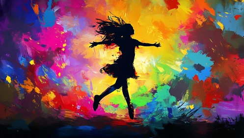 Joyful silhouette dancing through a wild color storm.