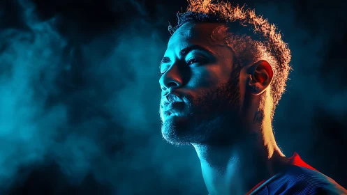 Halos of stadium light carve a focused athlete from smoke