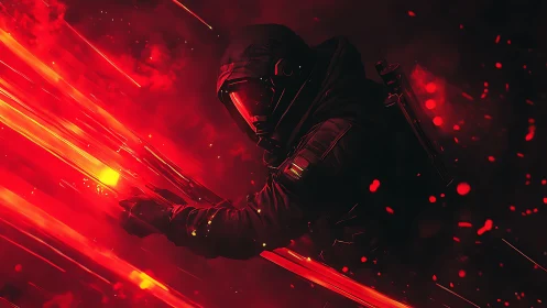 Cyber soldier slices molten red light through darkness.