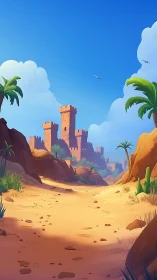 Desert fortress path under bright blue sky at noon.