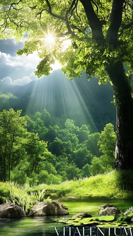 Sunlit forest pond where gentle green light softly gathers.