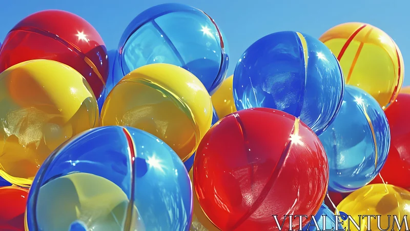 Inflatable beach balls stacked under bright midday sun.