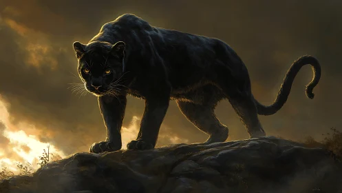 Black Panther on Rocky Elevation with Golden Atmospheric Lighting.