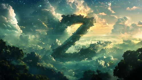 Giant cloud letter Z floating in a glowing fantasy sky.