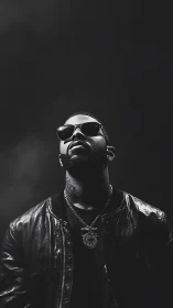 Man in leather jacket stares upward under dramatic lighting