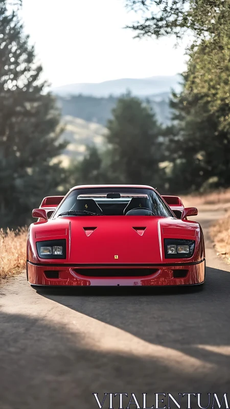 Iconic red supercar framed by sunlit country road.