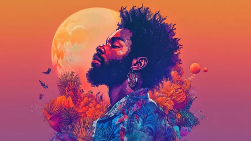 Serene black man in cosmic floral landscape under radiant moon