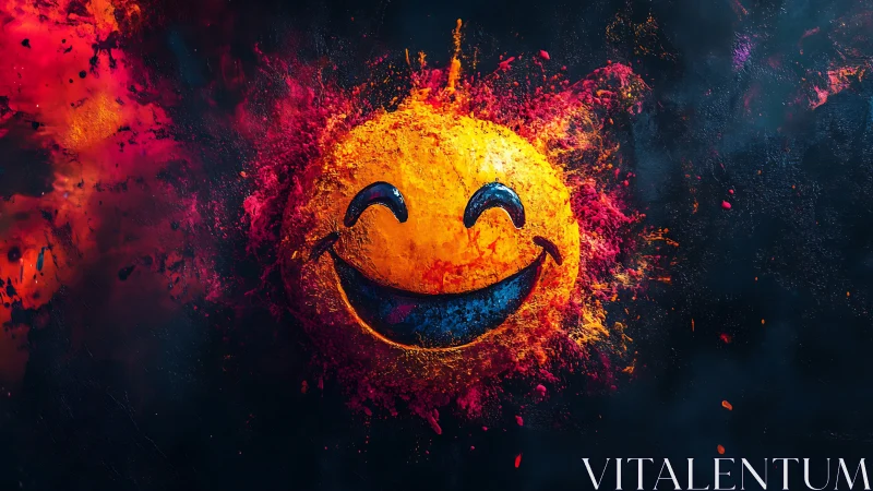 Exploding smiley face with neon pigment blast on dark field
