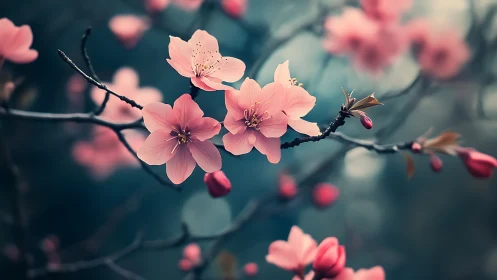 Pink Blossoms Branch Study: Depth-Rendered Botanical Study.