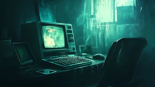 Retro terminal glows in a moody, neon-soaked hacker den.