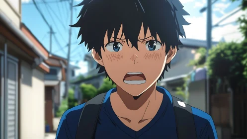 Animated boy reacts strongly while walking in alleyway