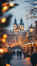 Winter city street leads toward illuminated Gothic cathedral towers