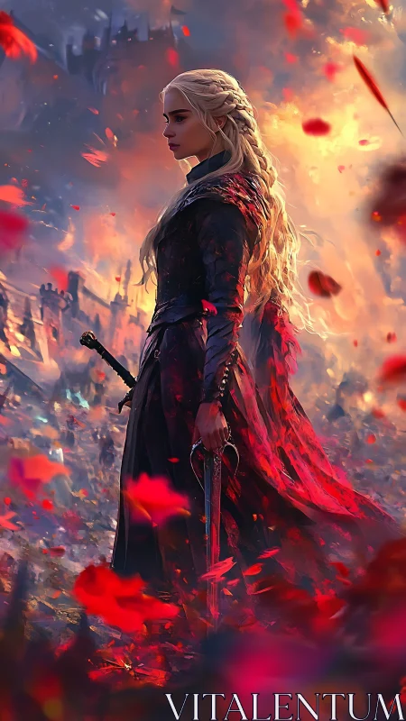 Warrior queen strides through burning crimson battlefield.