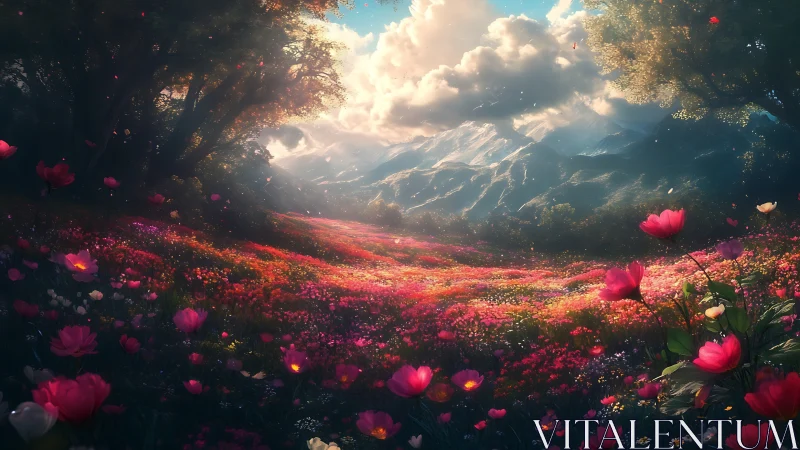 Luminescent wildflower valley under backlit alpine cloudscape