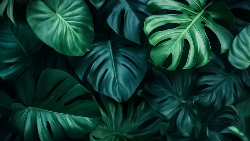 Monstera leaves overlap in dense, dark green foliage cluster
