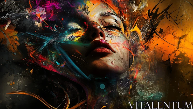 Surreal female portrait merges with explosive paint strokes