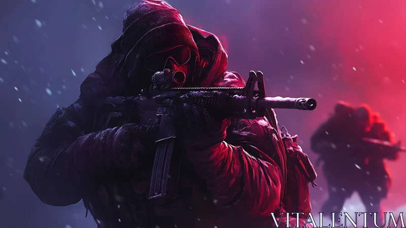 Armed figures advance through snowy low light environment