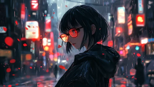 Rain-soaked girl in neon city with red reflective glasses.