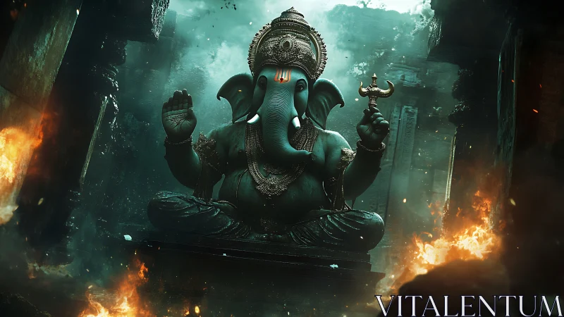 Ganesh statue in dramatic temple ruins with glowing fire.