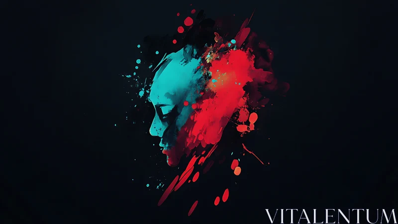 Profile head emerges from cyan and red digital paint splashes