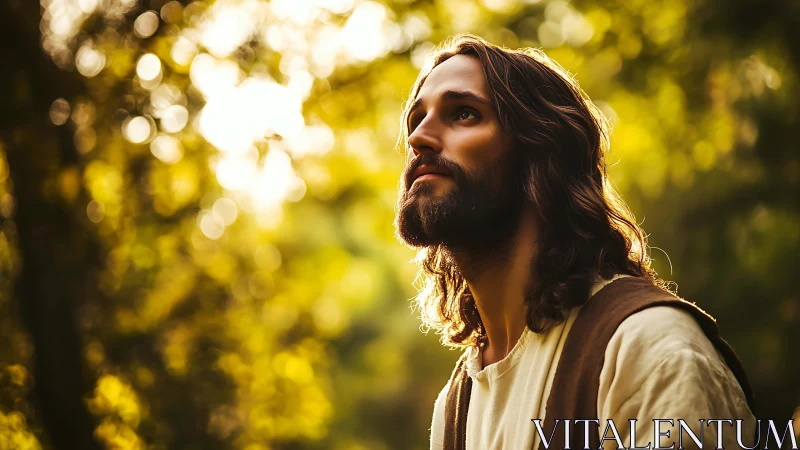 Bearded man gazes upward in golden forest light contemplatively.