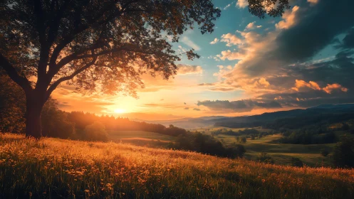Golden sunset bathes a peaceful countryside meadow in light