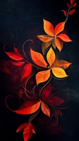 Flaming vine of abstract autumn leaves on obsidian night.