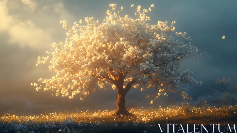 Backlit flowering tree in volumetric dawn atmosphere.