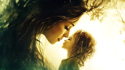 Backlit portrait of adult and child in profile against bright natural light source.