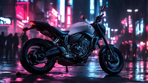 Neon rain motorcycle prowls a cyber-lit midnight boulevard.