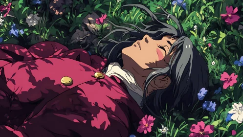 Person lying in flower field with closed eyes, side view.