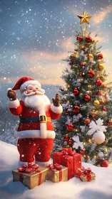 Santa Claus beside Christmas tree in snowy landscape.
