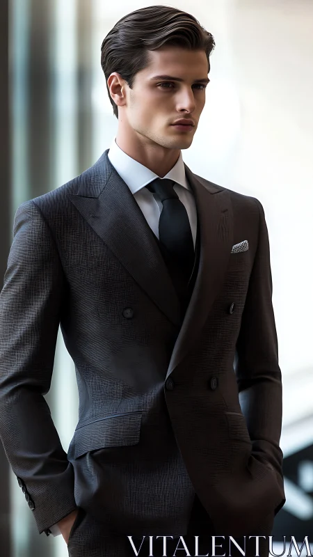 Elegant young businessman in tailored charcoal suit portrait.