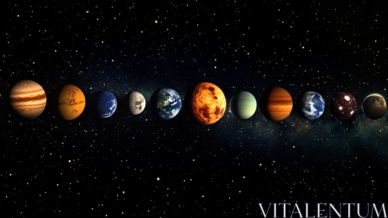 Row of stylized planets aligned against star field background.