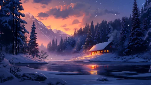 Snowy cabin by frozen river under vivid winter sunset.