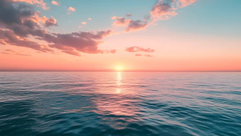 Sun aligns with horizon over calm ocean under sparse clouds