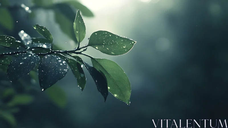 Morning dew on backlit leaves in soft forest haze.