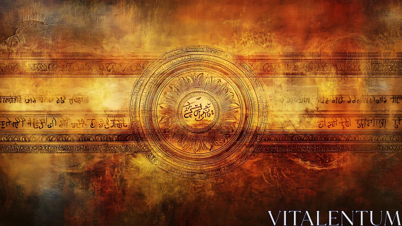Radiant mandala seal amid burning script textures.